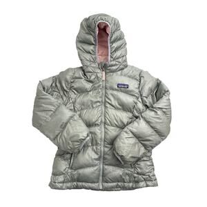 Patagonia Girls Hi-Loft Down Sweater Hoody Gray Pink S 7-8 Hooded Jacket